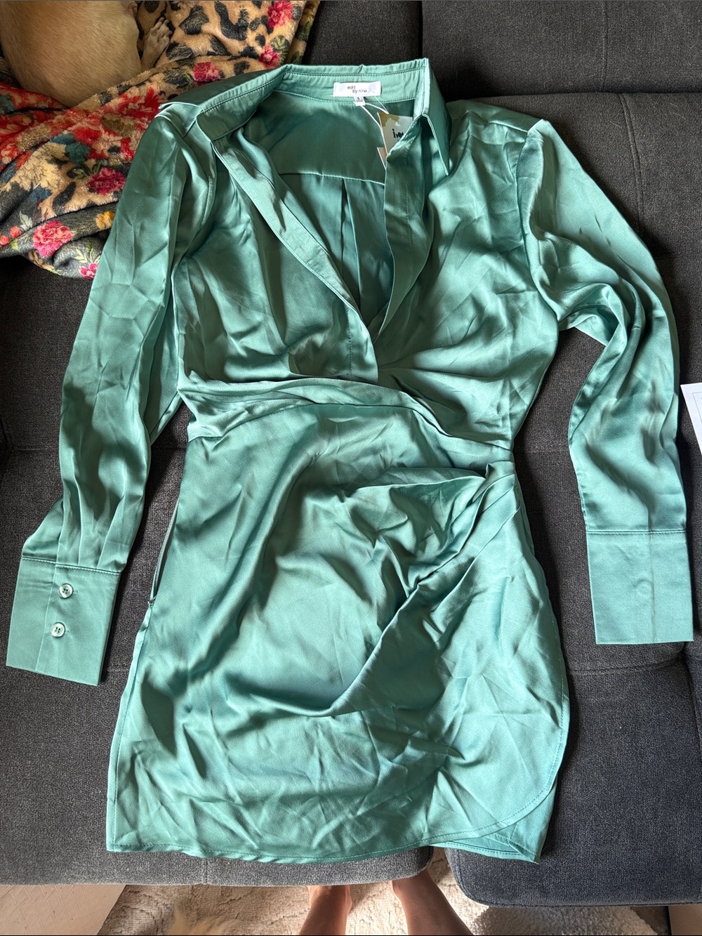 Satin Wrap Long-Sleeve Mini Dress - Teal Green